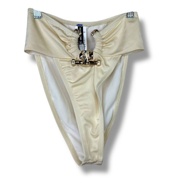 PrettyLittleThing Cream Hammered Trim Bandeau & High Waist Bikini 2-Piece Set - Picture 9 of 13